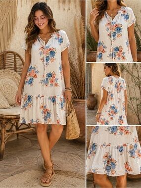 LOFT Boho White Floral Ruffled Sundress with Coral and Blue Blooms